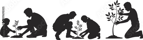 Family planting tree silhouettes showing parent and child gardening together isolated background for environment conservation, growth and sustainability concept