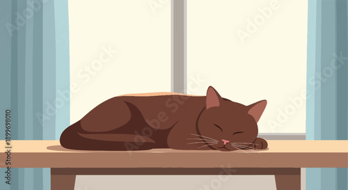 A peaceful brown cat naps on a wooden surface near a window