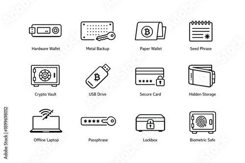 Cryptocurrency security icons: wallets, backup, storage, and safety tools