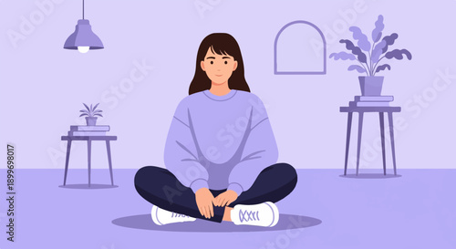 A serene, flat-design illustration of a young woman meditating in a peaceful room