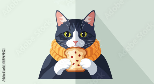 Cat wearing a scarf holds a slice of toast with red berries