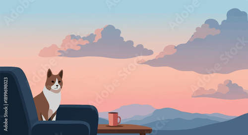 Cat on sofa with coffee and mountains at sunset