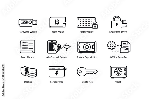 Cryptocurrency security icons: wallets, encryption, backup, and safety measures