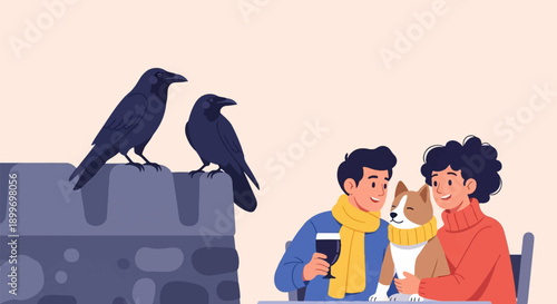 A couple with their dog enjoys a drink, while two crows perch nearby
