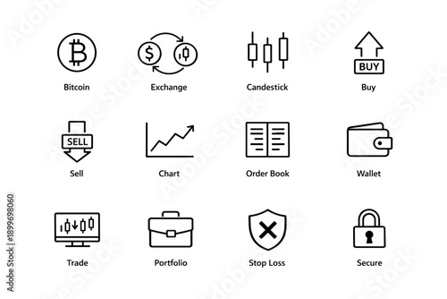 Cryptocurrency trading icons: bitcoin, exchange, candlestick, wallet