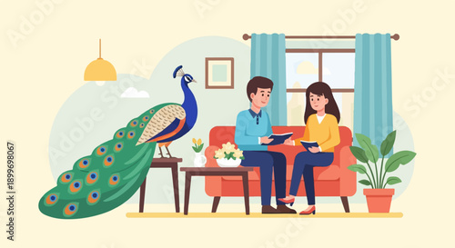 A peacock admires a couple reading books on a sofa indoors