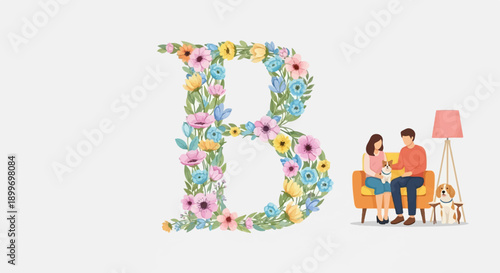 A couple with dogs on couch near a floral letter 'B' and a lamp