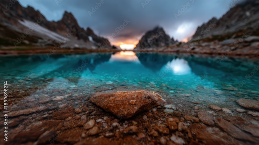 Obraz premium A stunning reflection of jagged mountains in crystal-clear water highlights the beauty of nature, showcasing vibrant colors under a dramatic sky, perfect for outdoor enthusiasts.