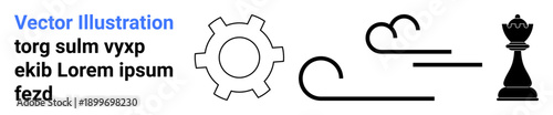 Gear, wind currents, and chess piece symbolizing strategy, innovation, progress, and decision-making. Ideal for technology, leadership, business planning growth problem-solving and simple landing