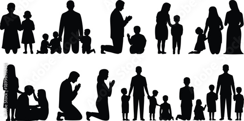 Family prayer silhouette bundle, parents and children faith worship together, spiritual religious devotion concept, black isolated vector illustration set