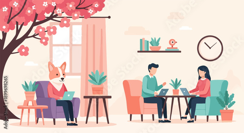Anthropomorphic dog & people work remotely from cozy rooms