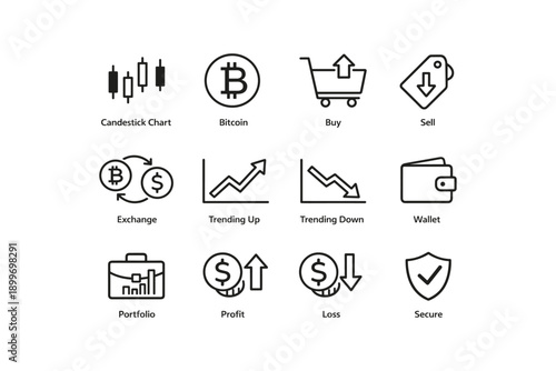 Cryptocurrency icons: charts, bitcoin, wallets, and trading symbols