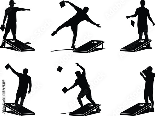 Cornhole silhouette vector set showing people throwing bean bags balance actions outdoor backyard party lawn game illustration collection