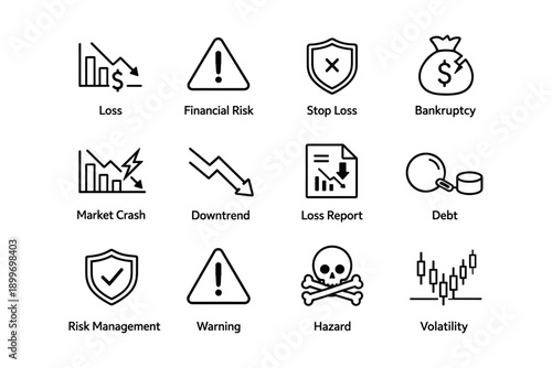 Financial risk and loss icons: bankruptcy, market trends, and risk management symbols