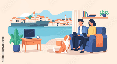 A couple works on laptops by the sea, a dog by their side