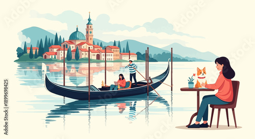 A serene canal scene with a gondola, cafe, and a woman with her dog