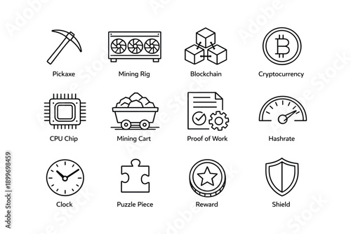Cryptocurrency icons: mining rig, blockchain, cryptocurrency symbols, cpu chip, proof of work