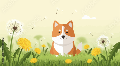 A cute dog sits in a field of dandelions with seeds flying
