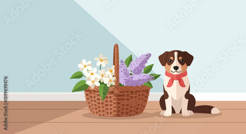 A cute dog sits next to a woven basket filled with white and purple flowers
