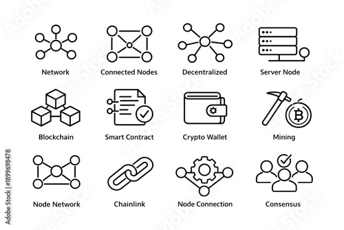 Network and blockchain technology icons including node, server, blockchain, smart contract, crypto wallet