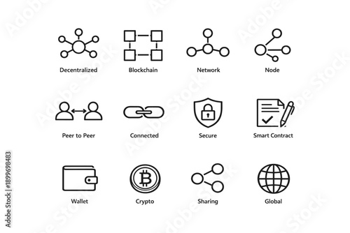 Blockchain and cryptocurrency icons: decentralized network and security concepts