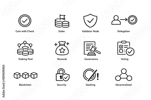 Cryptocurrency concepts icons: stake, blockchain, governance, security, decentralization