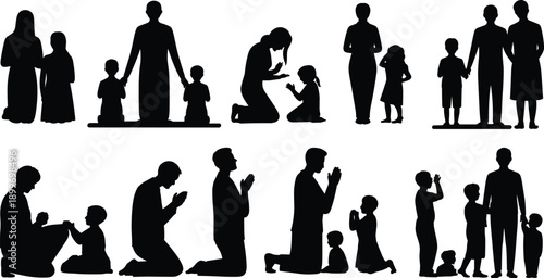 Family prayer silhouette set, parents and children worship together, spiritual religious faith devotion concept, black isolated vector illustration collection