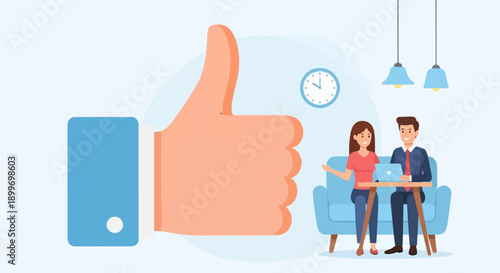 A large thumb gestures approval while two colleagues collaborate on a laptop