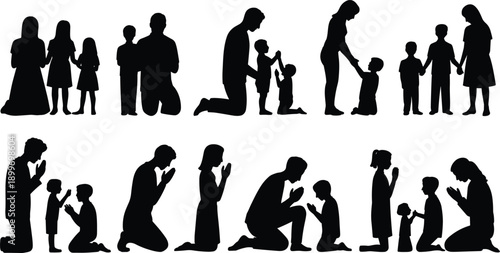 Family prayer silhouettes collection, parents and children worship together, spiritual religious devotion concept, black isolated vector illustration set bundle
