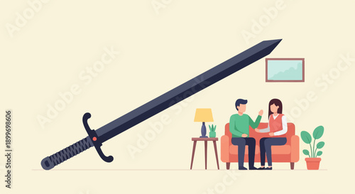 A large sword looms over a couple sitting on a couch in a room