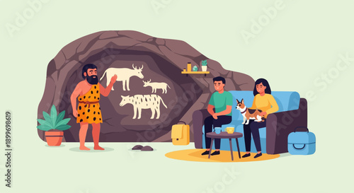 Cave dweller and modern family with dog, juxtaposed
