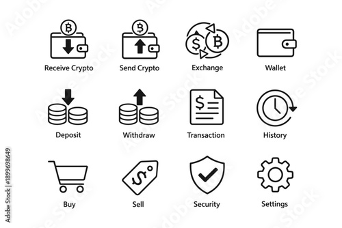 Cryptocurrency icons: transactions, wallets, exchange, security