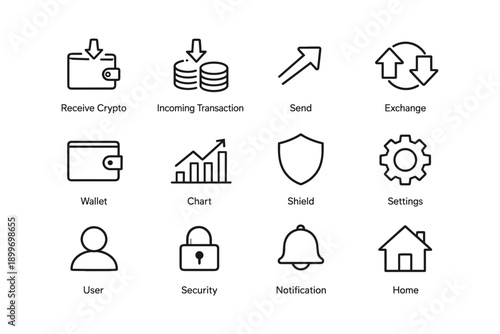 Cryptocurrency icon set: wallet, chart, shield, settings, home, user, security