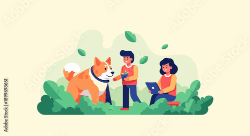 Animated scene of people and dog interacting outdoors amongst foliage