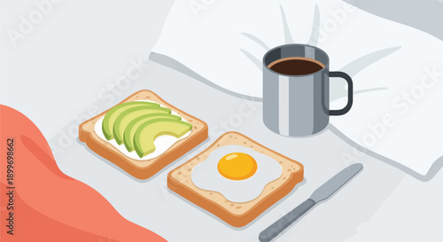 A cozy breakfast of avocado toast, fried egg toast, and coffee