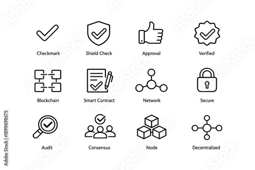 Set of blockchain and security icons including checkmark, network, and audit symbols