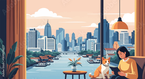 A person and dog enjoy reading with a scenic city river view indoors