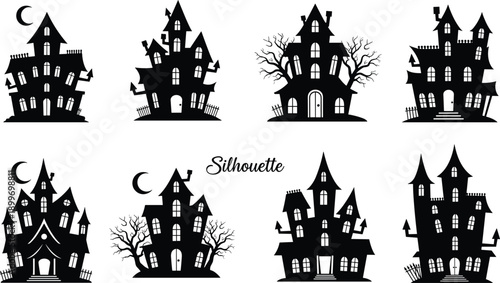 Haunted house silhouette set featuring spooky gothic mansions moon trees halloween horror architecture isolated black vector illustration collection