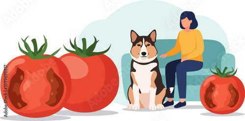 A person and dog relax near damaged tomatoes on a couch indoors