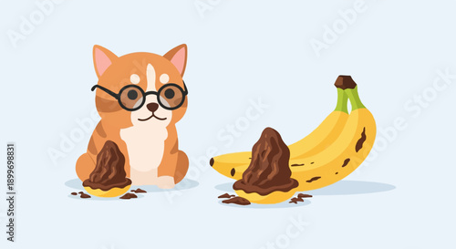 A cute dog wearing glasses sits beside bananas with chocolate sauce on them