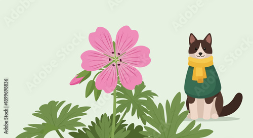 A cute dog wearing a scarf and sweater sits near a pink flower