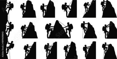 Mountain climber silhouette set showing rock climbing adventure teamwork success challenge outdoor extreme sport isolated vector illustration collection