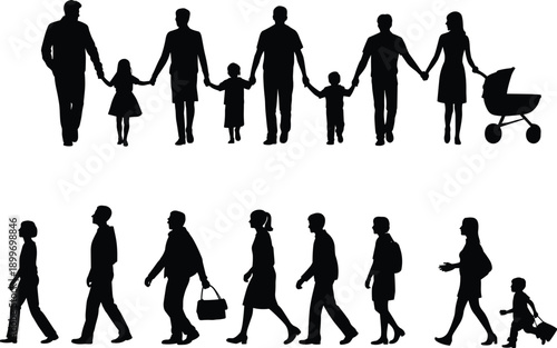 Family walking silhouettes showing parents and children together isolated background for parenting, lifestyle, unity and family relationship concept illustration