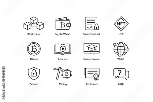 Blockchain and cryptocurrency icons: bitcoin, nft, mining, and more