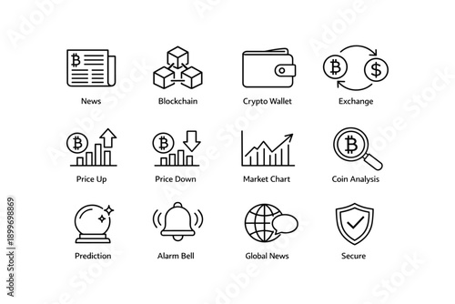 Cryptocurrency icons: blockchain, wallets, market trends, global analysis, security