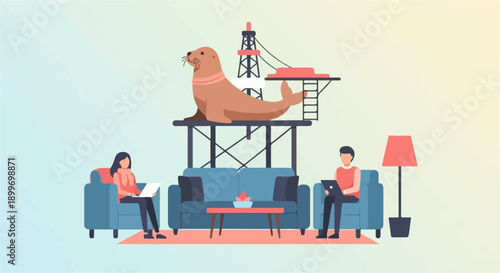 A seal sits atop a structure while two people sit on sofas working on laptops