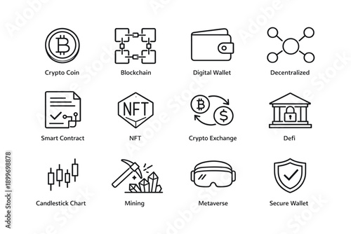 Cryptocurrency icons: blockchain, nft, smart contract, wallet, metaverse