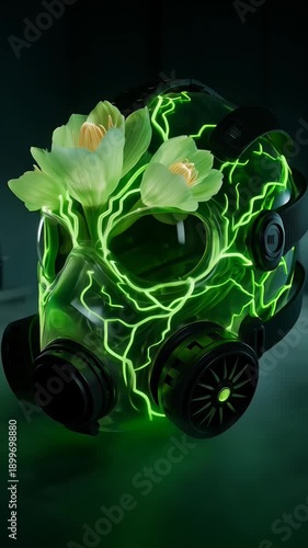 Gas mask illuminated with green neon flowers in dark laboratory