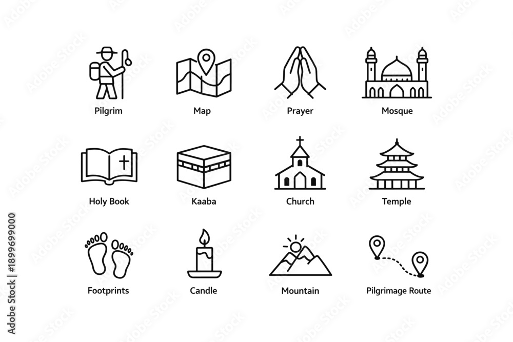 Naklejka premium Religious symbols: pilgrim, mosque, church, temple, prayer, pilgrimage route icon set