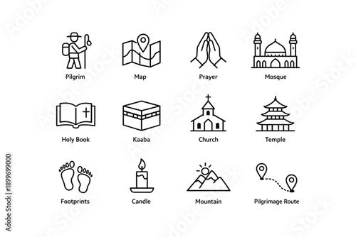 Religious symbols: pilgrim, mosque, church, temple, prayer, pilgrimage route icon set